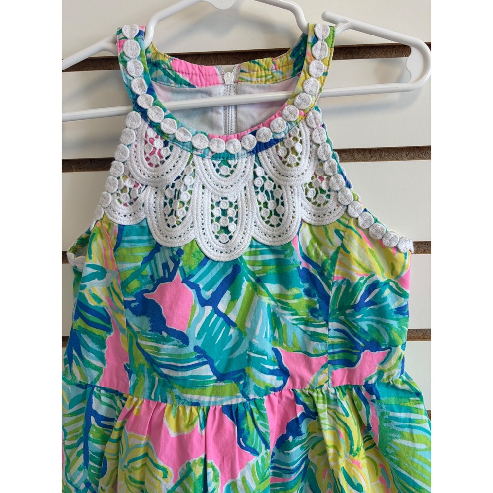Lilly Pulitzer little kinley pink Green Tropical Palm Lace Halter Dress Size 6 - Picture 2 of 6